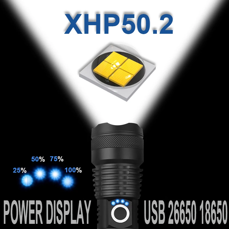 

Most Powerful XHP50.2 LED Flashlight XHP50 Rechargeable USB Zoomable Tactical Torch 18650 26650 Hunting Lamp for Camping