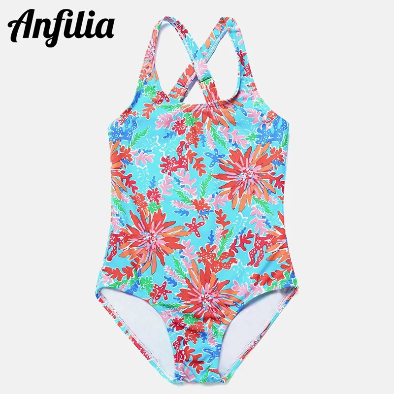 8902BL Anfilia Girls' One-Piece Swimsuits Flower Print Swimwear Kids Adjustable Strapped Bikini Cute Beach Wear Light Color Swimsuits - Цвет: 8902BL