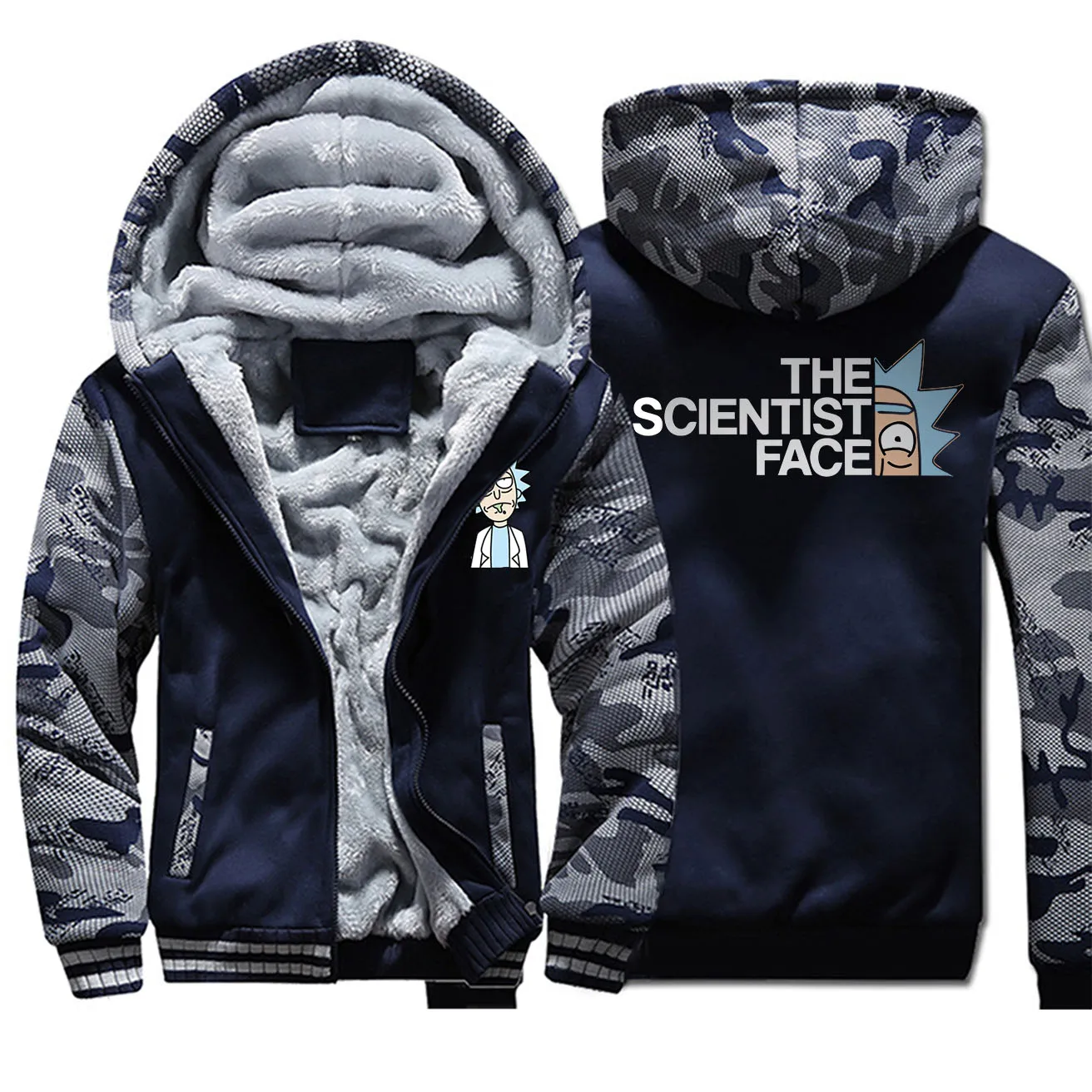 

Rick And Morty Anime The Scientist Face Camo Hoodies Men Winter Fleece Streetwear Bodywamer Warm Fashion Camo Jacket