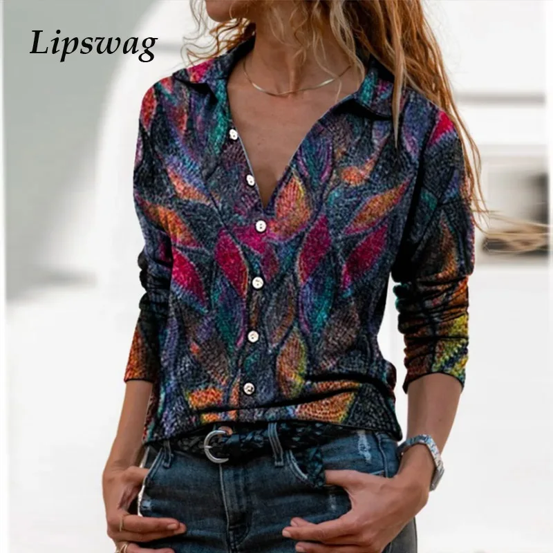 Casual Spring Long Sleeve Loose Women Shirt Blusa Sexy V Neck Office Lady Shirts Blouse Autumn Retro Leaves Print Pullover Tops | Женская