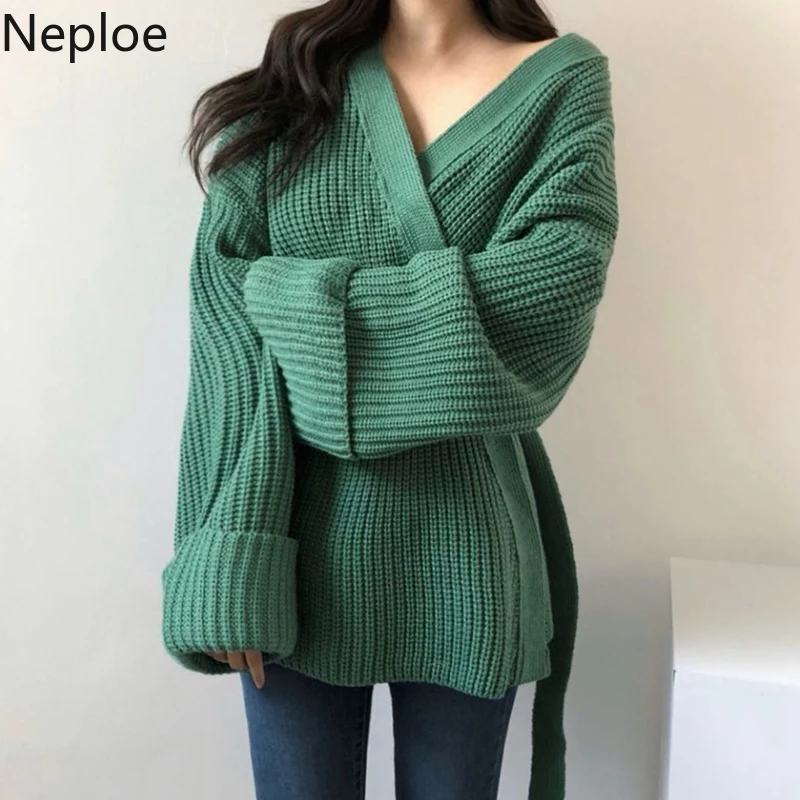 Neploe Lace Up Slim Waist Knitted Cardigan Long Sleeve V-neck Medium-long Sweater Coat Korean Autumn Winter Jumper Jacket 55718