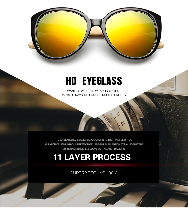 Bamboo Cat Eye Sunglasses Polarized Metal Frame Wood Glasses Women Luxury Sun Glasses
