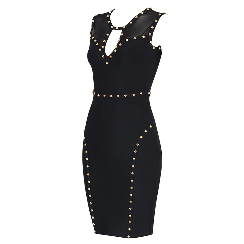 Весеннее черное сексуальное женское тонкое эластичное облегающее вечернее платье с заклепками летнее Открытое платье с бисером без рукавов для ночного клуба Vestidos
