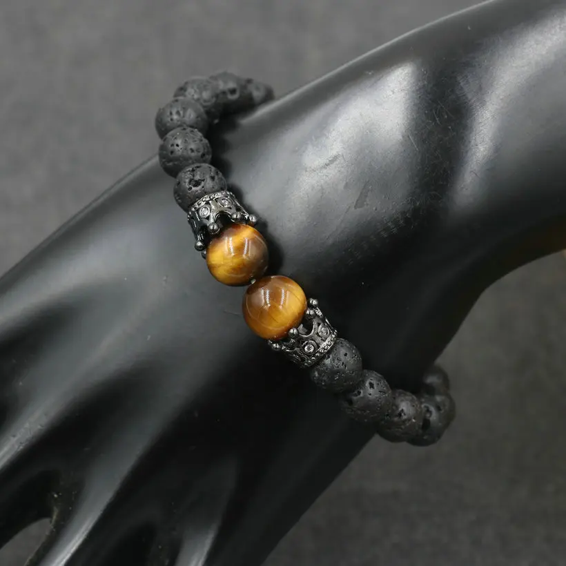 Fashion Men Bracelet Natural Lava Stone Tiger Eye stone Bracelet Charm Copper Luxury Crown Bracelet Men Beads Jewelry Pulseira - Image 6