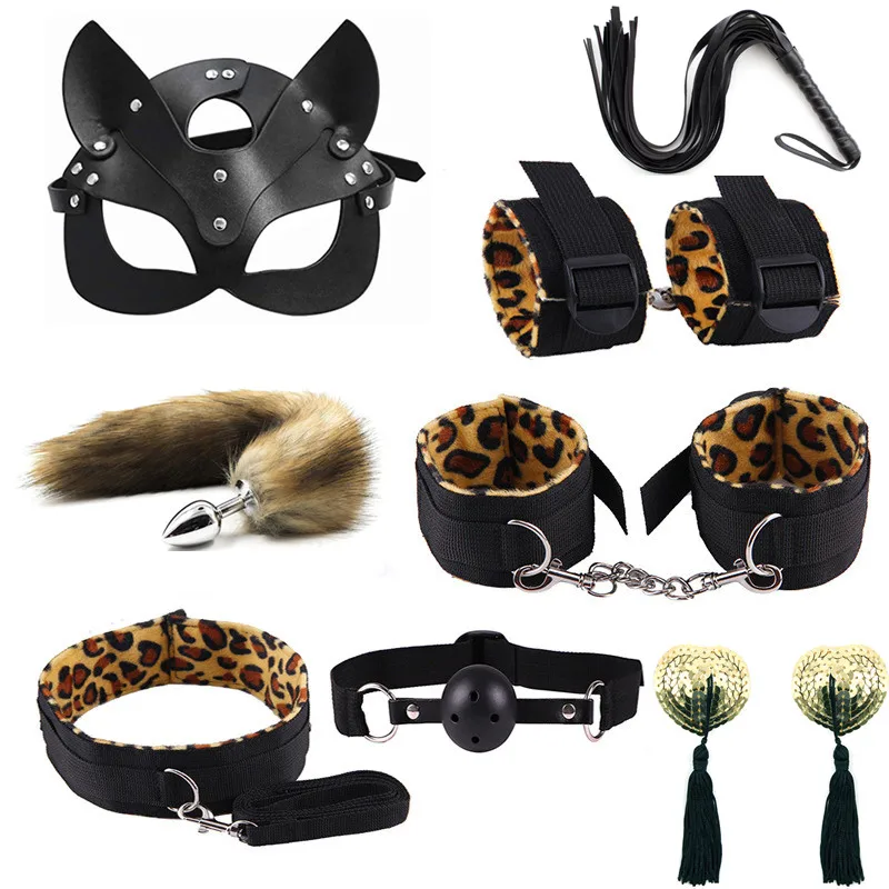 Erotic Leopard Cat Ear Mask 40CM Fox Tail Metal Anal Plug BDSM Sex Bondage Set Whip Handcuffs Toys for Women Adult Butt |