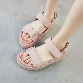 

Summer 2020 genuine leather thick bottom all-match muffin sandals Women's Flat bottom casual magic sticker women's