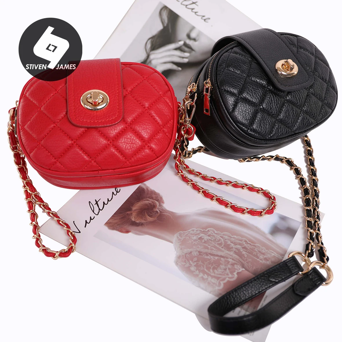 

STIVEN JAMES Crossbody Chain Bag PU Leather Weave Chain Strap Shoulder Bag Round Quilted Handbag Women 3-layer Big Ladies Purses