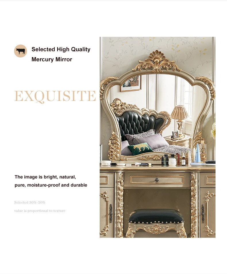 Description Picture 5 of itemEuropean Malaysia Furniture Luxury Princess Carved Flower Color Solid Wood Bedroom Toilet Dresser Table With Dresser Stool