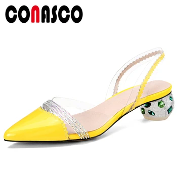 

CONASCO Summer Fashion Women Cow Patent Leather Sandals Crystal Strange Heel Pumps Rhinestone Transparent Back Strap Shoes Woman