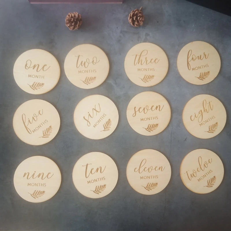 12/14/16 Pcs Baby Milestone Cards Wooden Commemorate Baby Birth Monthly Recording Discs Newborn Shower DIY Gifts