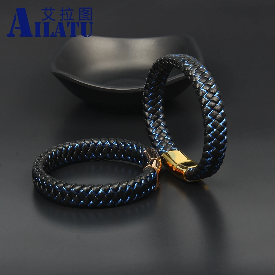 Ailatu New Genuine Blue String Braided Stainless Steel Bangles Magnet Buckle Rope Chain Male Gift