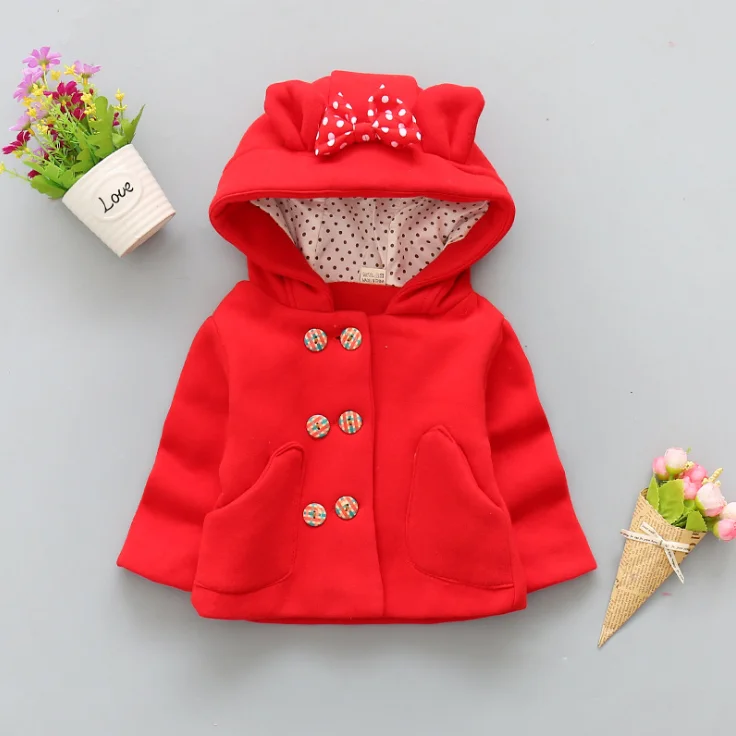 Новая куртка для маленьких девочек, теплое пальто для детей, детская зимняя хлопковая Милая однотонная одежда с капюшоном и оборками для девочек - Цвет: Красный