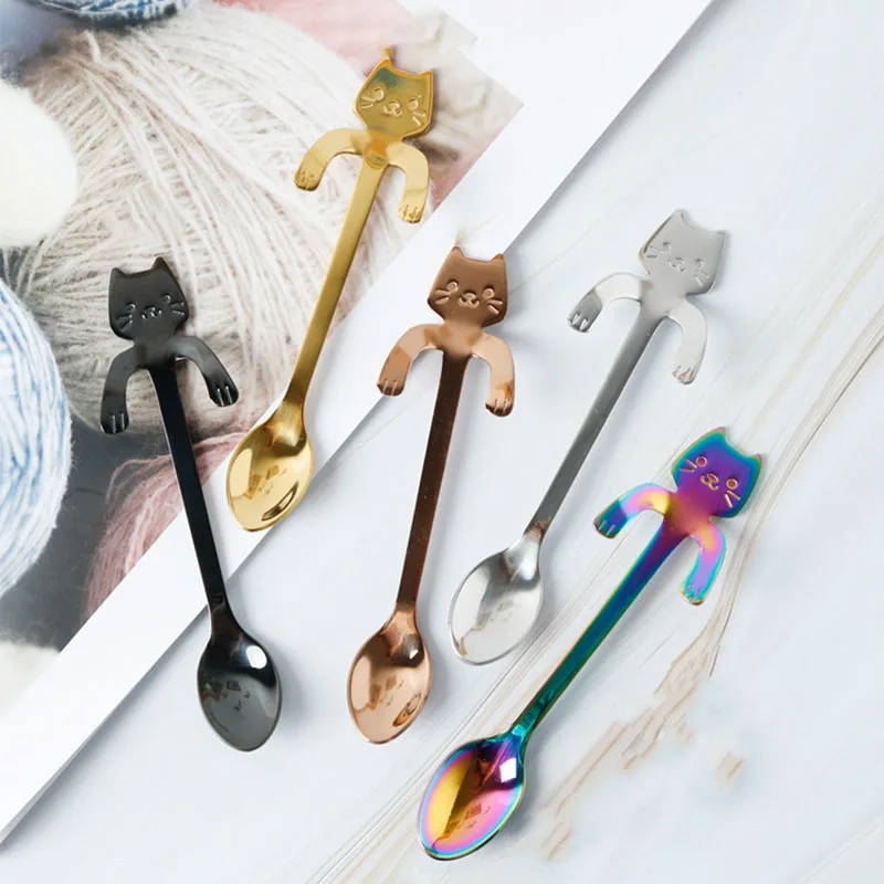 

1Pcs Cute Cartoon Stainless Steel Kitten Coffee Spoons Creative Hang Stir Coffee Cup Spoon Practical Mini Coffeeware