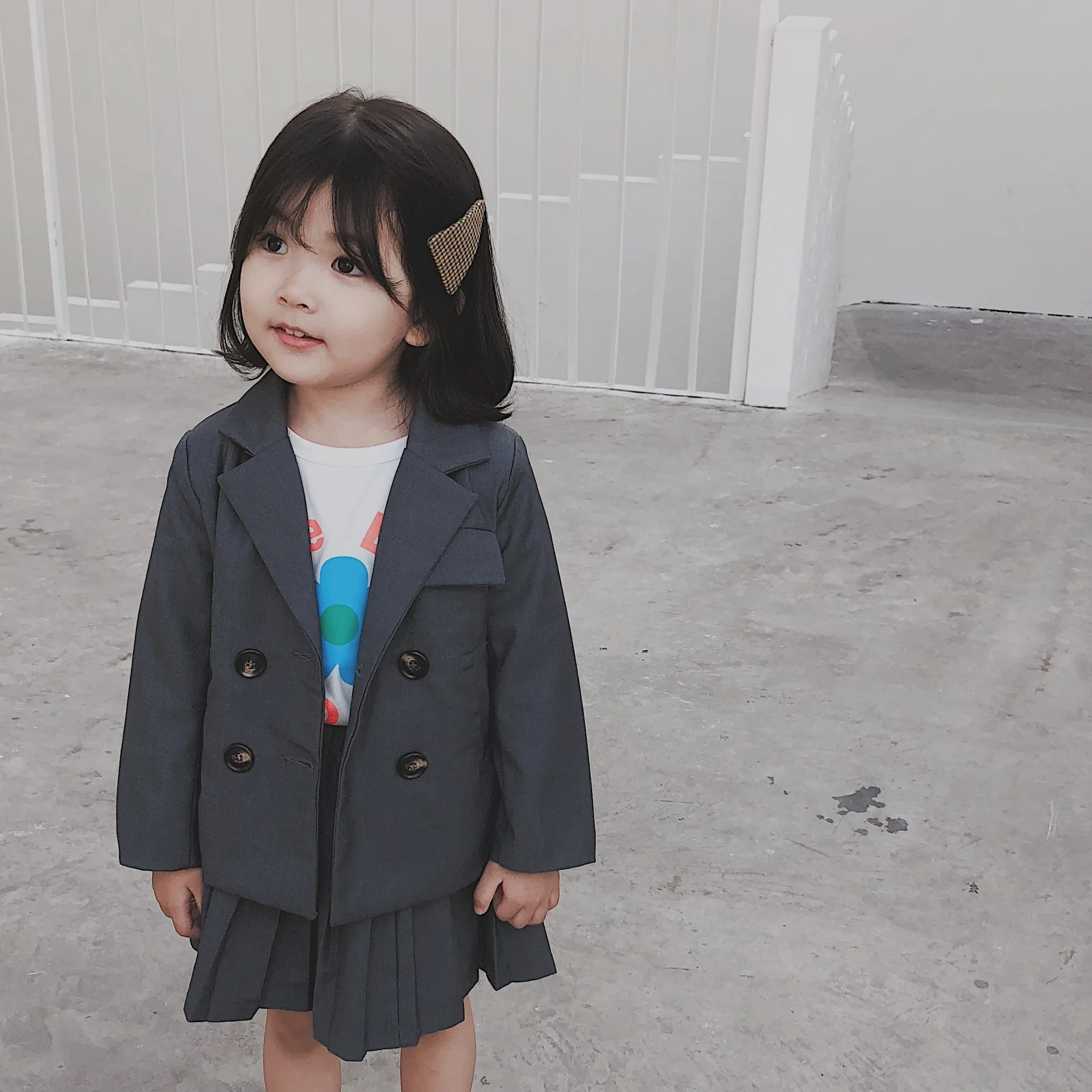 

New autumn children solid color turn down collar suit jacket outerwear+short-section skirt two-pieces suit set for girls