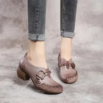 

Retro Splicing Florals Elastic Band Genuine Leather Chunky Heels Soft Pumps Shoes Women Shoes Botas Mujer 2020