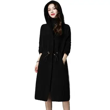 

Women 2019 Autumn Winter Imitation Mink Cashmere Long Coat Thick Warm Knitted Sweaters Female Soft Hooded Casual Cardigans T129