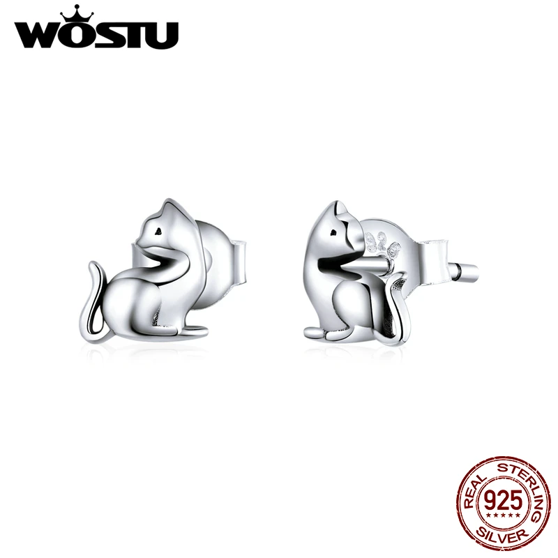 WOSTU 100% 925 пробы серебряная Симпатичная кошка серьги гвоздики для женщин