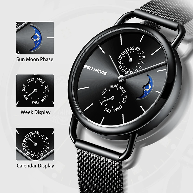 Luxury Black Men Watch Mesh Stainless Steel Casual Quartz Wrist Watch Men's Watches Clock reloj mujer relogio feminino QW016