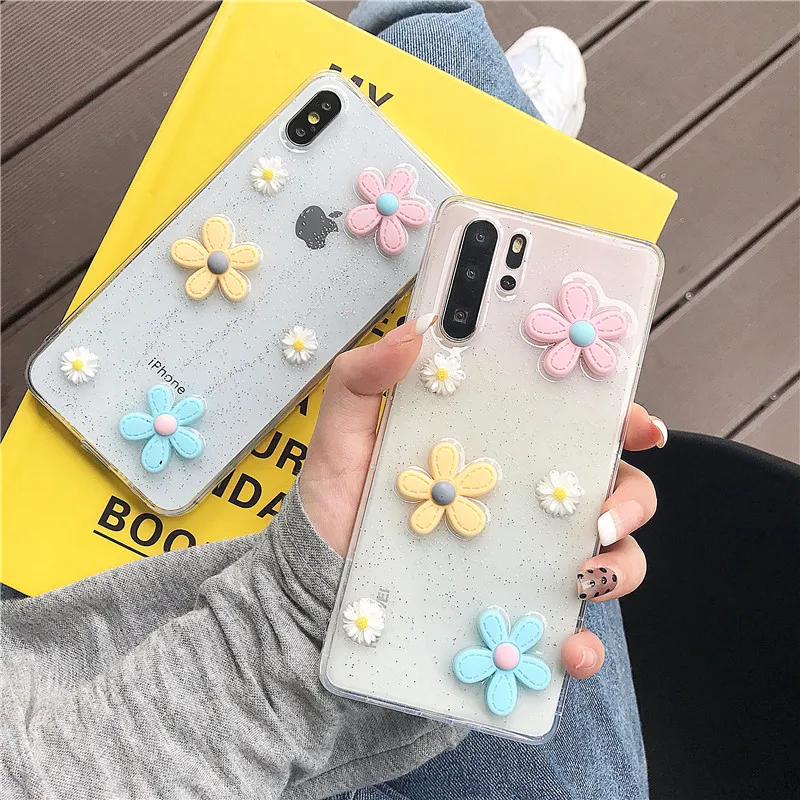 Силиконовый мягкий прозрачный блестящий чехол с 3D цветами для Huawei Mate 10 P30 P20 Pro Lite