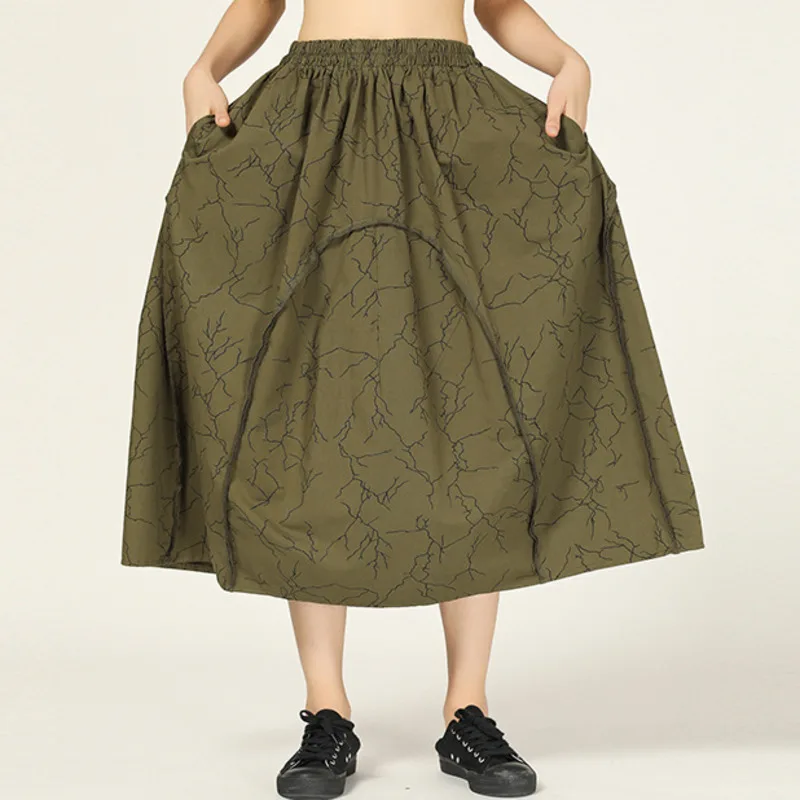 LANMREM зеленая Свободная Женская юбка с абстрактным принтом, карманами и эластичной резинкой на талии, повседневная, Джокер, простая, модная, осень, новинка, TV914