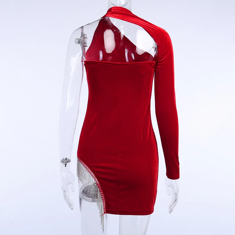Sexy One Shoulder Rhinestone Tassel Irregular Mini Dress Push Up Backless Hollow Out Slim Halter Solid Vestidos Dress For Women