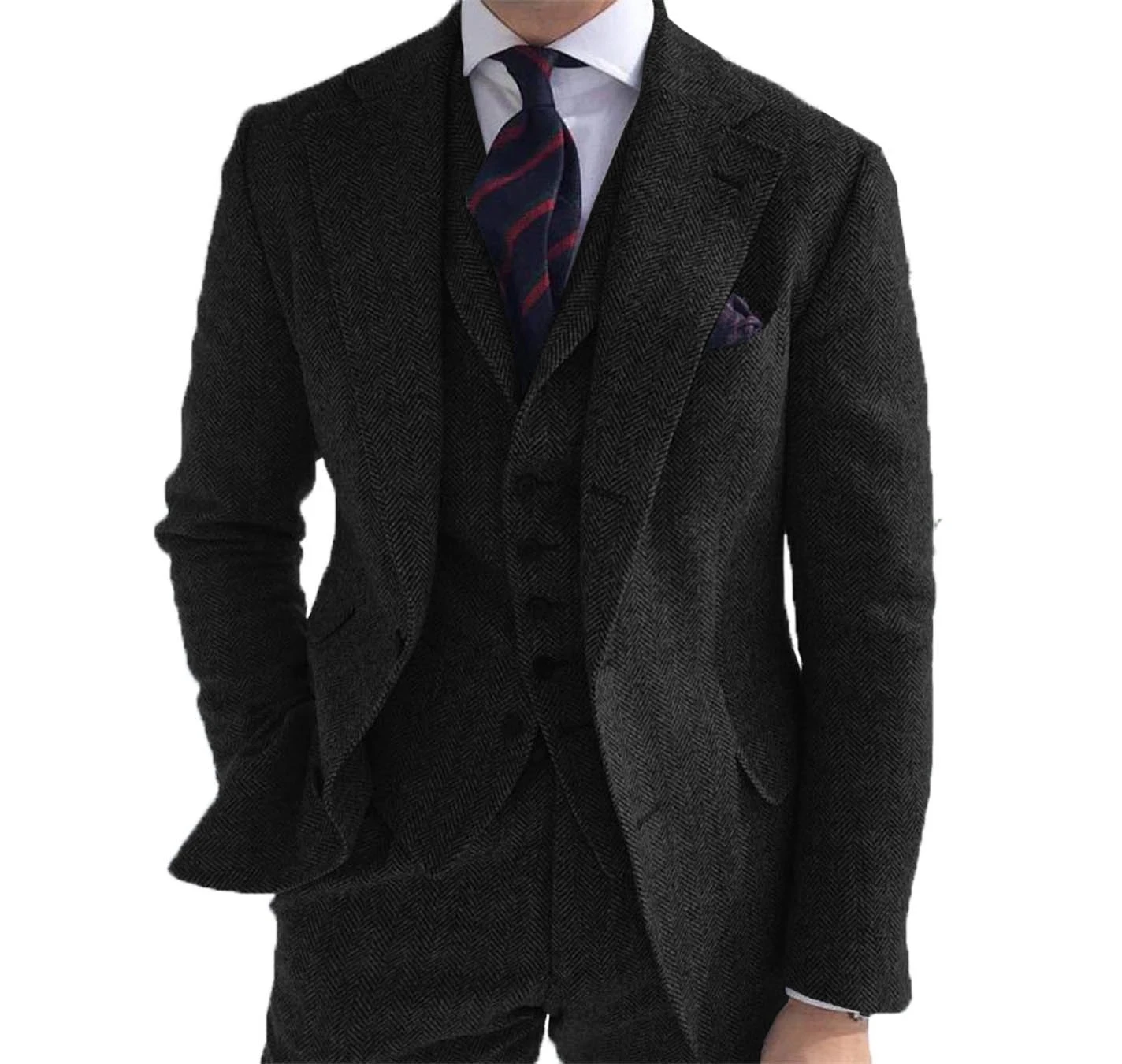 Men&lsquo;s Suits 3 Pieces Green Wool Tweed Herringbone Business Retro Classic PatternTuxedos For Wedding Blazer Pants Vest