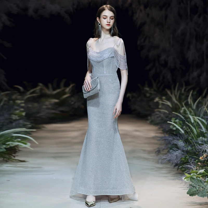 SSYFashion, новинка, элегантное вечернее платье для банкета, серебряное, с блестками, с кисточками, с бисером, длинное, для выпускного вечера, вечерние платья на заказ, Vestido De Noche