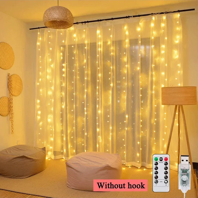 3m 100/200/300 LED Curtain String Light Garland Wedding Party Decorations Table Bachelorette Birthday Ramadan Festoon Background Warm White No Hook