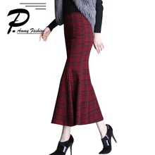 Осенняя и зимняя новая шерстяная юбка с высокой талией, женская модная клетчатая юбка в виде рыбьего хвоста, длинная юбка