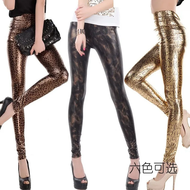

Lady fashion slim leggings High Waist Skinny legging women black gold snake printed pant small size faux leather pants -81