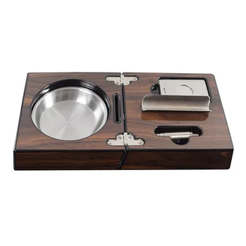 

Wooden Smoking Cigar Ashtray with Cigar Cutter Punch Foldable Wood Case Set