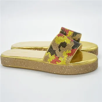 

Fashion Gold African Women's Medium Heel Casual Slipper Shoes With Rhinestones 222-4 Heel Height 3.5CM