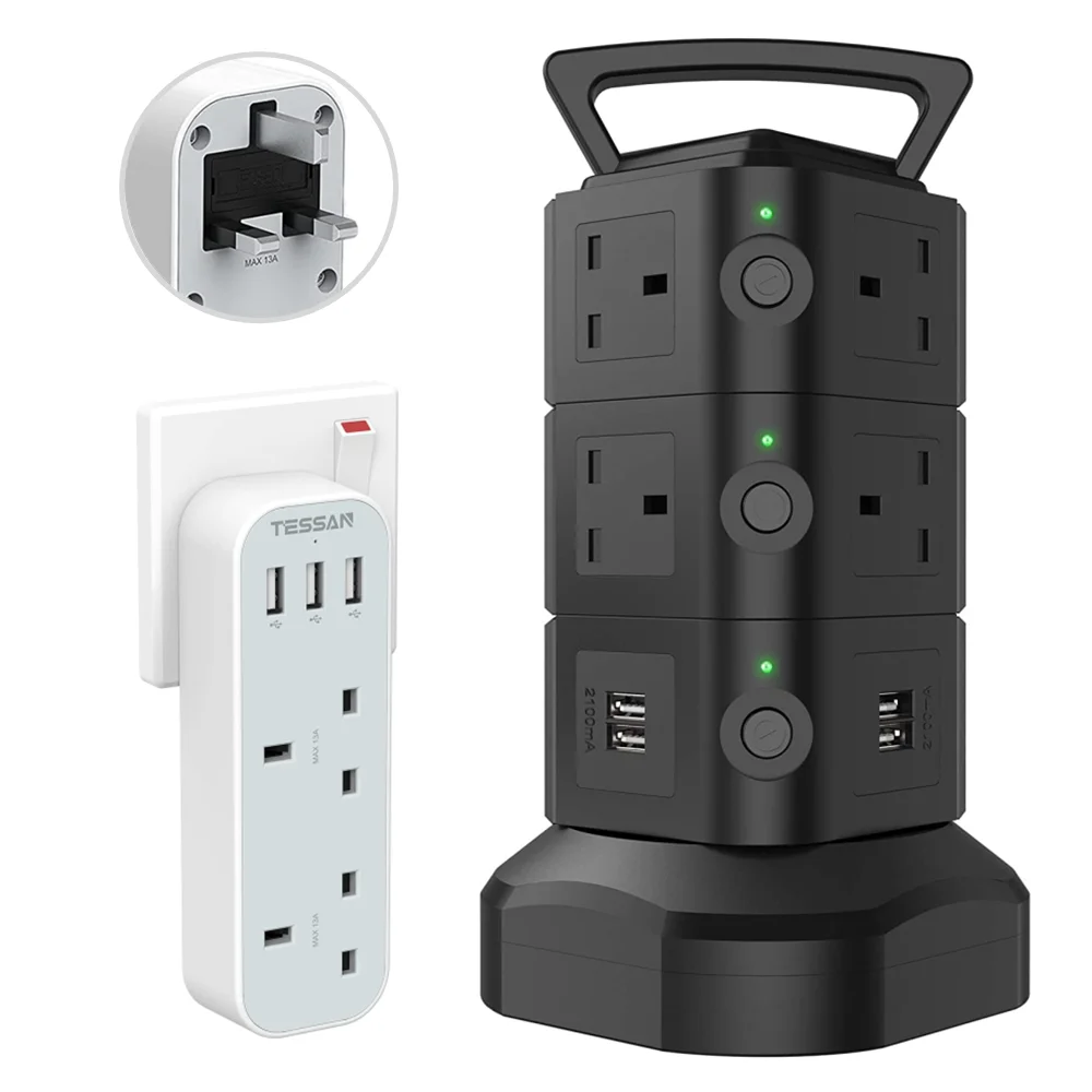 Tessan 8 Way Surge Protected Tower Extension Lead 2m Cable Multi Plug