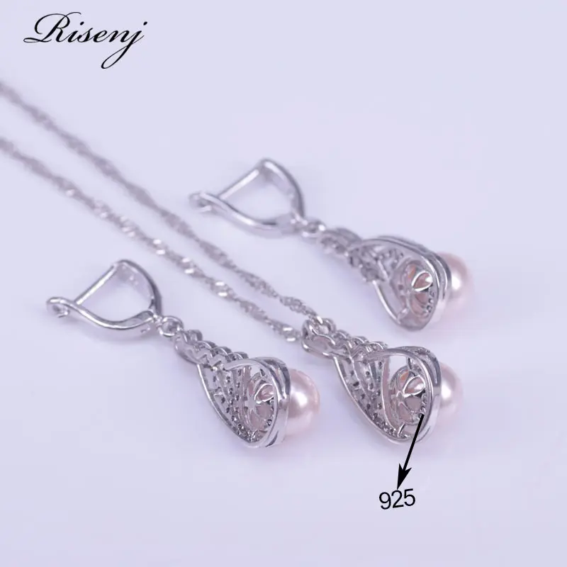 Pink Freshwater Pearl Silver 925 Jewelry Set White Zircon Costume Jewelry Set For Women Earrings Ring Necklace Set Free Shipping