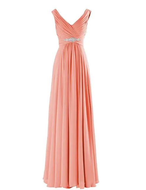 A Line Chiffon V Neck Crystals Eegant Off-Shoulder Formal Prom Wedding Party Bridesmaid Dresses Robe De Soiree Zipper Back Coral 140
