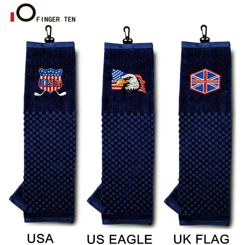 

Tri-fold 16"x 22" Golf Towels for Golf Bags with Grommet Clip Embroidered Pattern UK USA Eagle Flag Cotton Drop Shipping