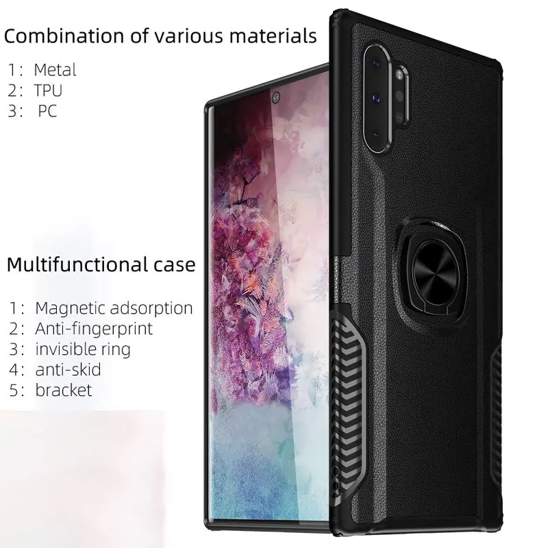 Для samsung Note 10 Plus кожаный чехол с узором для Galaxy Note 8 9 металлический Невидимый кольцевой кронштейн TPU+ PC чехол