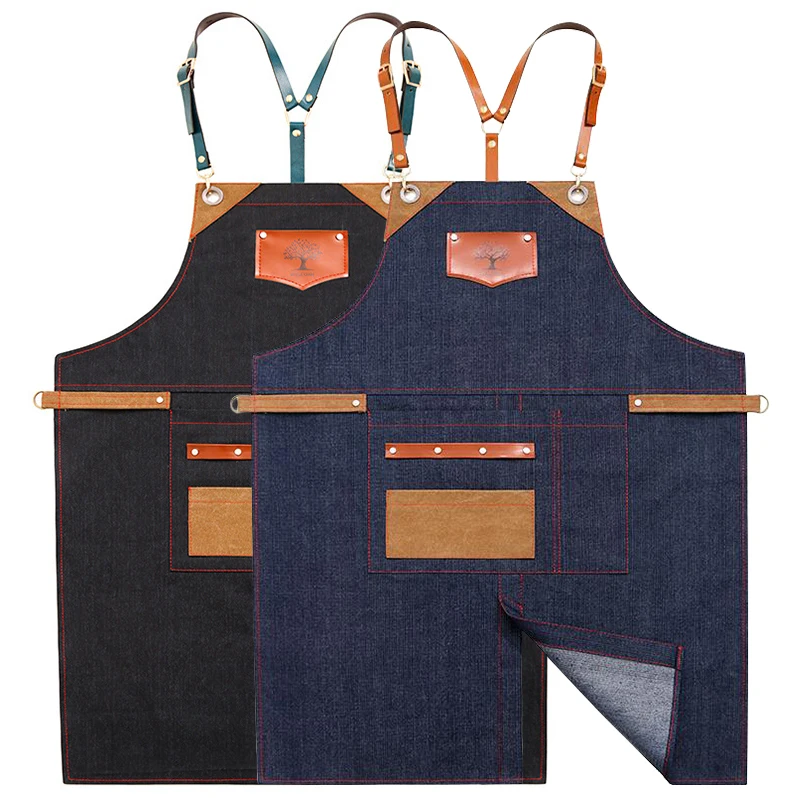 

Cowboy Patchwork Denim Hairdresser Apron House Cleaning Canvas Apron Kitchen Accessories Cooking Baking Pocket Coffee Pinafore