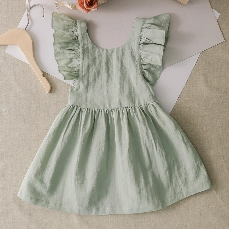 Kids Princess Dress  Girls summer fresh and cute ruffles cotton and linen girl solid color ruffled sleeveless dresses in army green