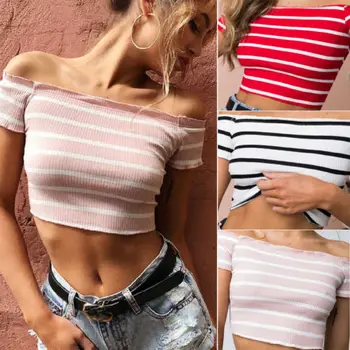 

Fashion Hot Summer Women Casual Off Shoulder Top Vest Blouse Short Sleeve Crop Tops Striped Blouse