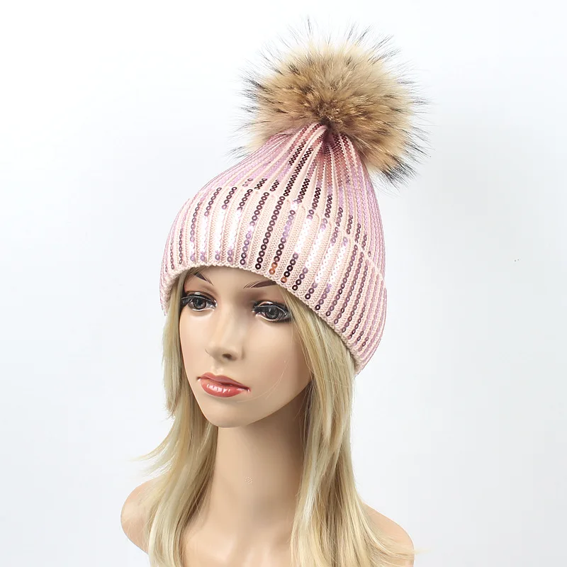 Вязаная зимняя шапка женская Skullies& Beanies Мужская сверкающий шарик из меха енота Beanie шапки модная черная шапка