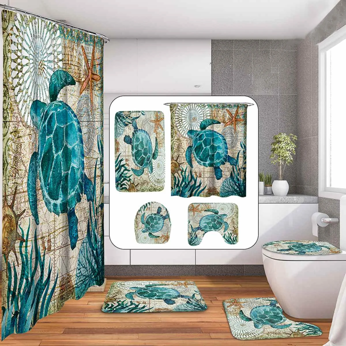 Sea Turtle 4-In-1 Bathroom Shower Curtain Set with Non Slip Toilet Cover & Floor Mats