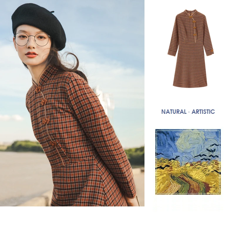INMAN 2020 Autumn Winter New Arrival Plaid Dress Retro Cotton Buckle Collar Three-quarter Sleeve Dress