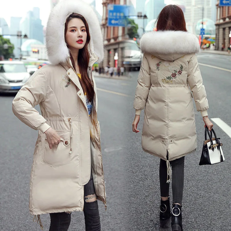 

Embroidered Large Fur Collar down Jacket Cotton-padded Clothes Women's 2019 Winter New Style Fashion Mid-length Waist Hugging Sl