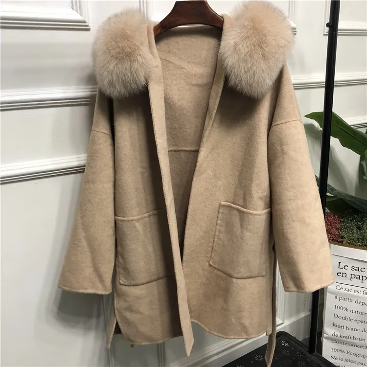 Женское кашемировое пальто OFTBUY, с натуральным лисьим мехом на капюшоне, зимняя шерстяная дамская куртка на каждый день