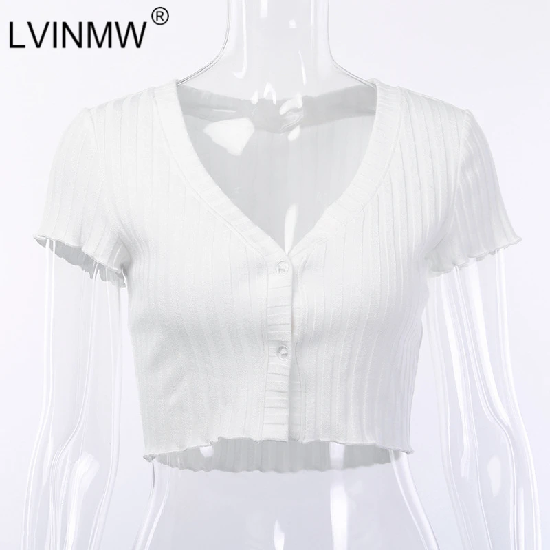 LVINMW, повседневный Вязаный топ в полоску с v-образным вырезом и пуговицами, осень, женская модная тонкая футболка с оборками и коротким рукавом, женская уличная одежда