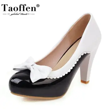 

Taoffen Size 32-48 Thin High Heel Shoes Women Platform Pumps Bowknot Round Toe Patent Leather Shoes Sweet Banquet Lady Shoes