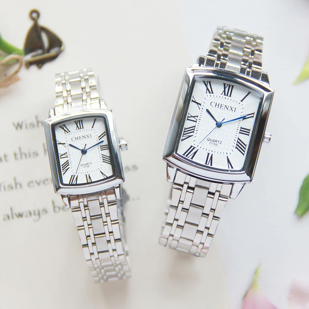 CHENXI Square Women Watch Roman Numeral Silver Stainless Steel Quartz Watches Men Lover's Lady Clock Retro Casual Couple