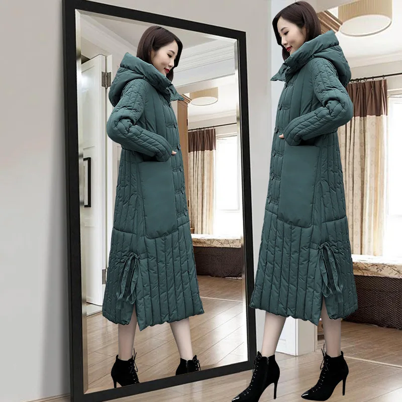 

2019 Hooded Cotton-padded Clothes Thick Warm over-the-Knee Lace-up Fashion Korean-style Hooded Loose-Fit over-the-Knee Mid-lengt