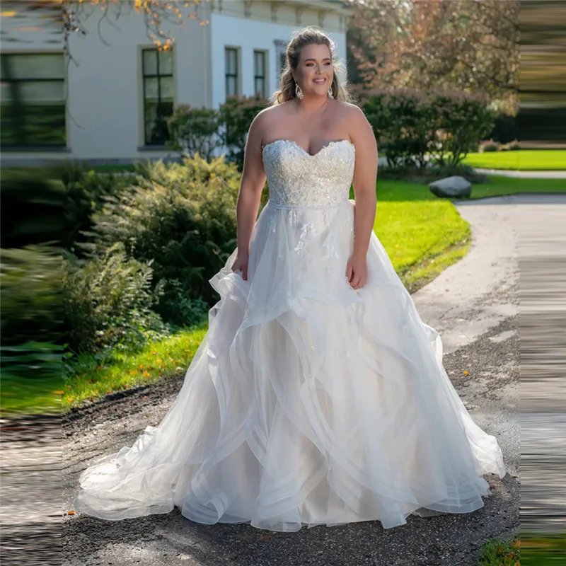 

Sweetheart Lace Appliques Ruffles Wedding Dress Plus Size Lace Up Back 2021 Sexy Tulle Bridal Gowns Formal Garden Spring